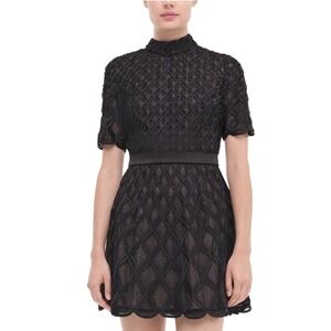 Simkhai Costina Mini Dress Black Layered Lattice Short Sleeve 10 624-1012-E NEW